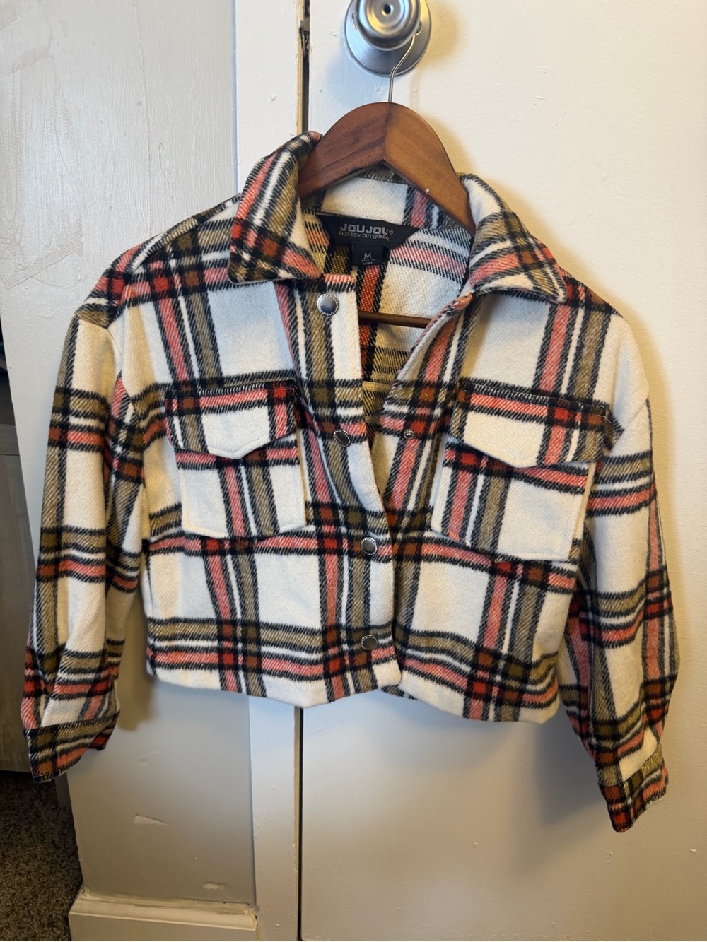 JouJou Ivory Plaid Snap-Front Shirt Jacket with Coral & Black Accents